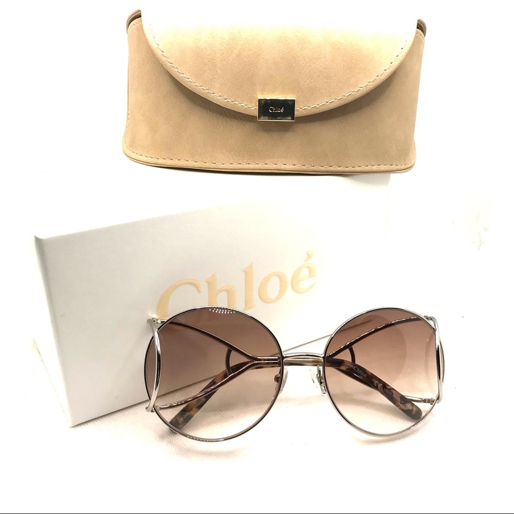 CHLOE ROUND FRAME SILVER METAL OVERSIZED SUNGLASSES WITH CASE NIB - Picture 5 of 16